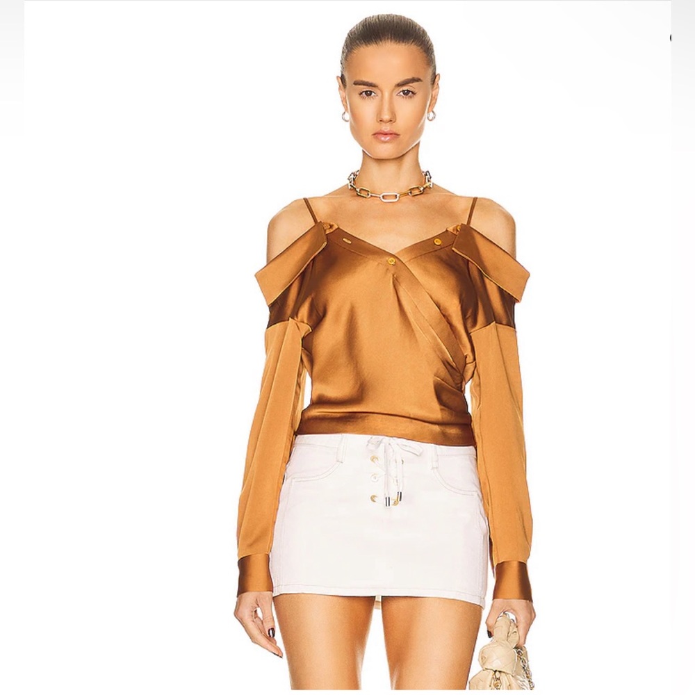 SIMKHAI Haley Wrap Top off shoulder long sleeve blouse Copper Sz XS